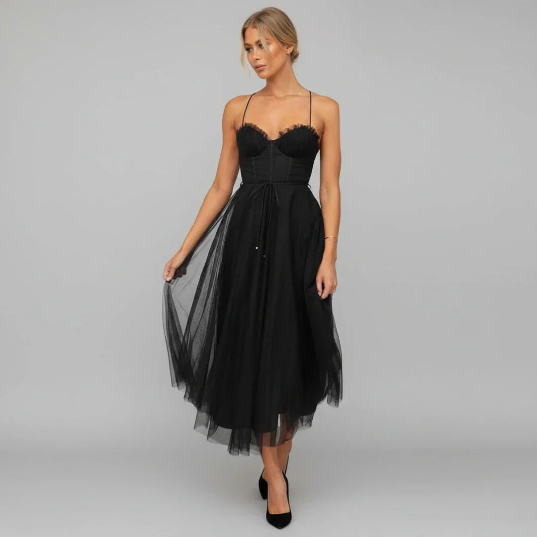 Isla | Women's Tulle Midi Dress Black Sweetheart Neckline