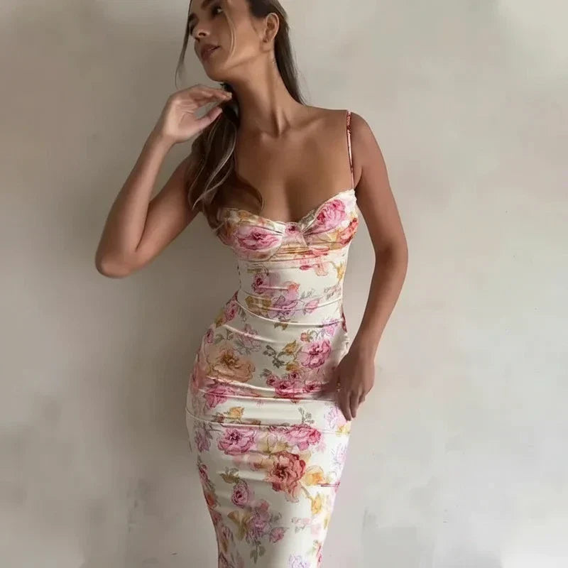 Edie | Women's Floral Ruched Maxi Dress Cream Sweetheart Neckline