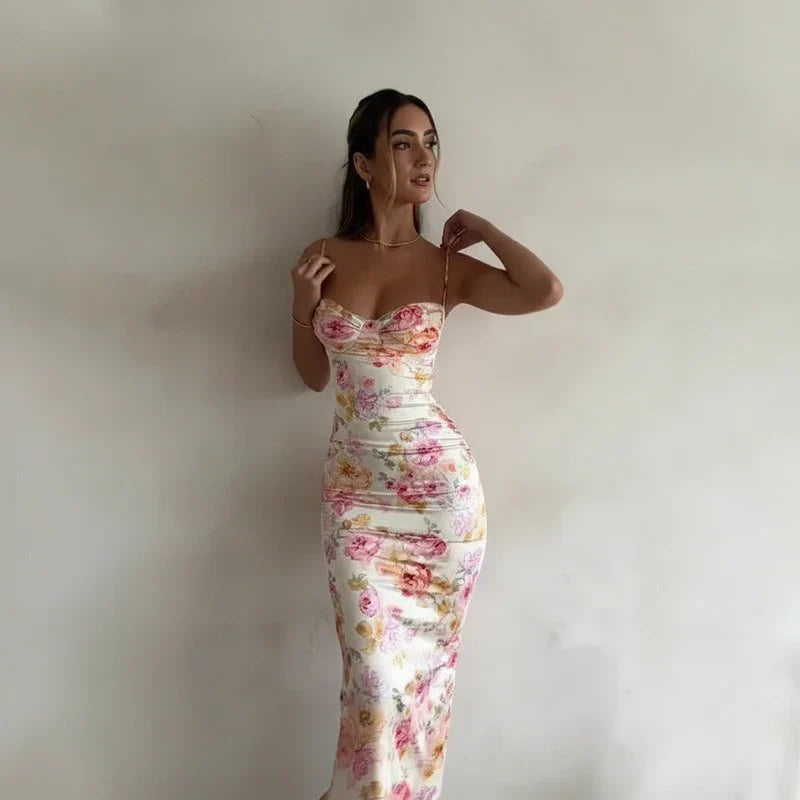 Edie | Women's Floral Ruched Maxi Dress Cream Sweetheart Neckline