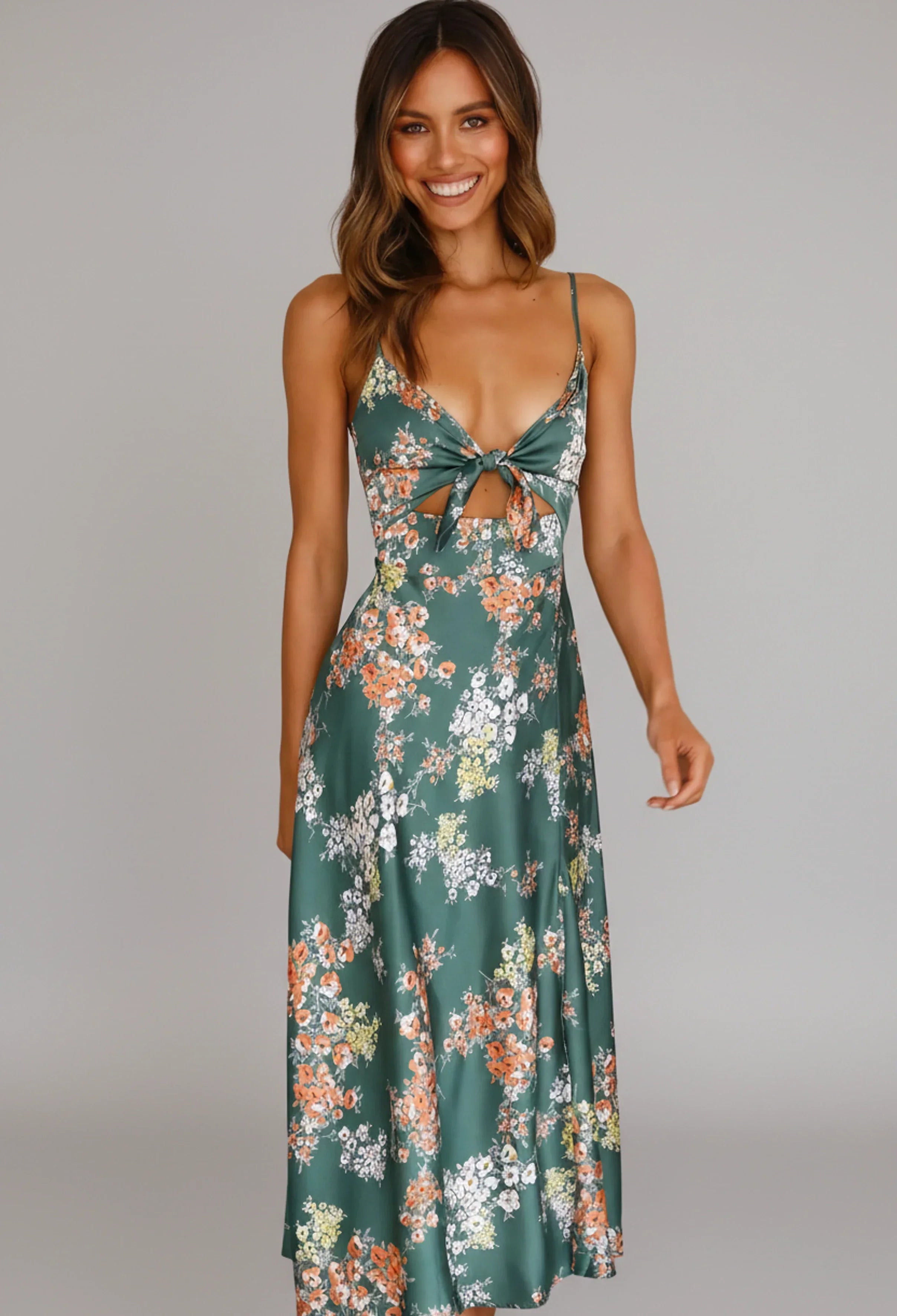 Isla | Women's Floral Maxi Dress Sage Green Cutout