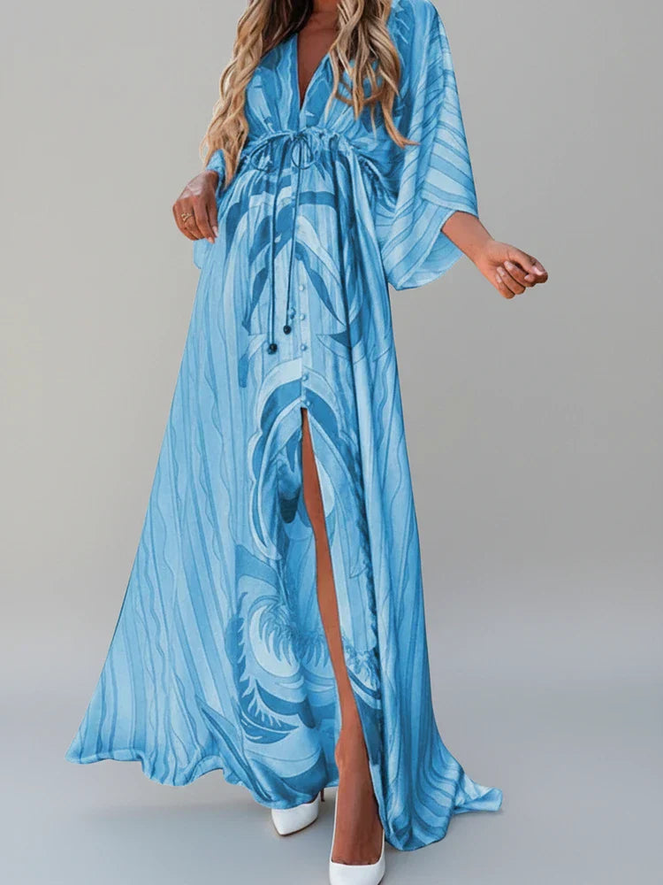 Fleur | Women's Boho Maxi Dress Pink Colorful Abstract Print Wrap Sleeve