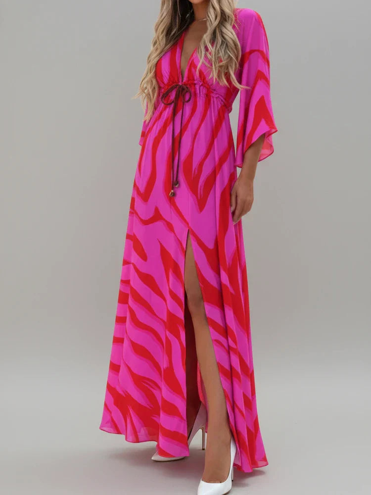 Fleur | Women's Boho Maxi Dress Pink Colorful Abstract Print Wrap Sleeve