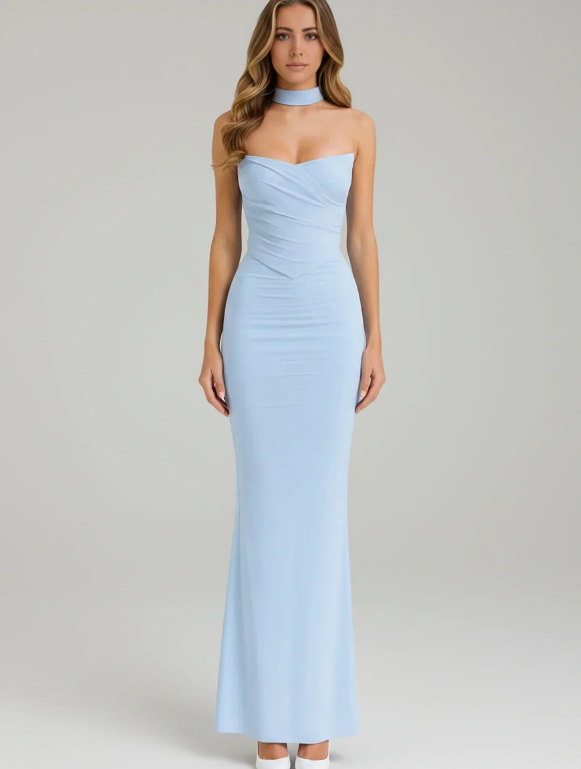 Cleo | Women's Strapless Maxi Dress Light Blue Ruched