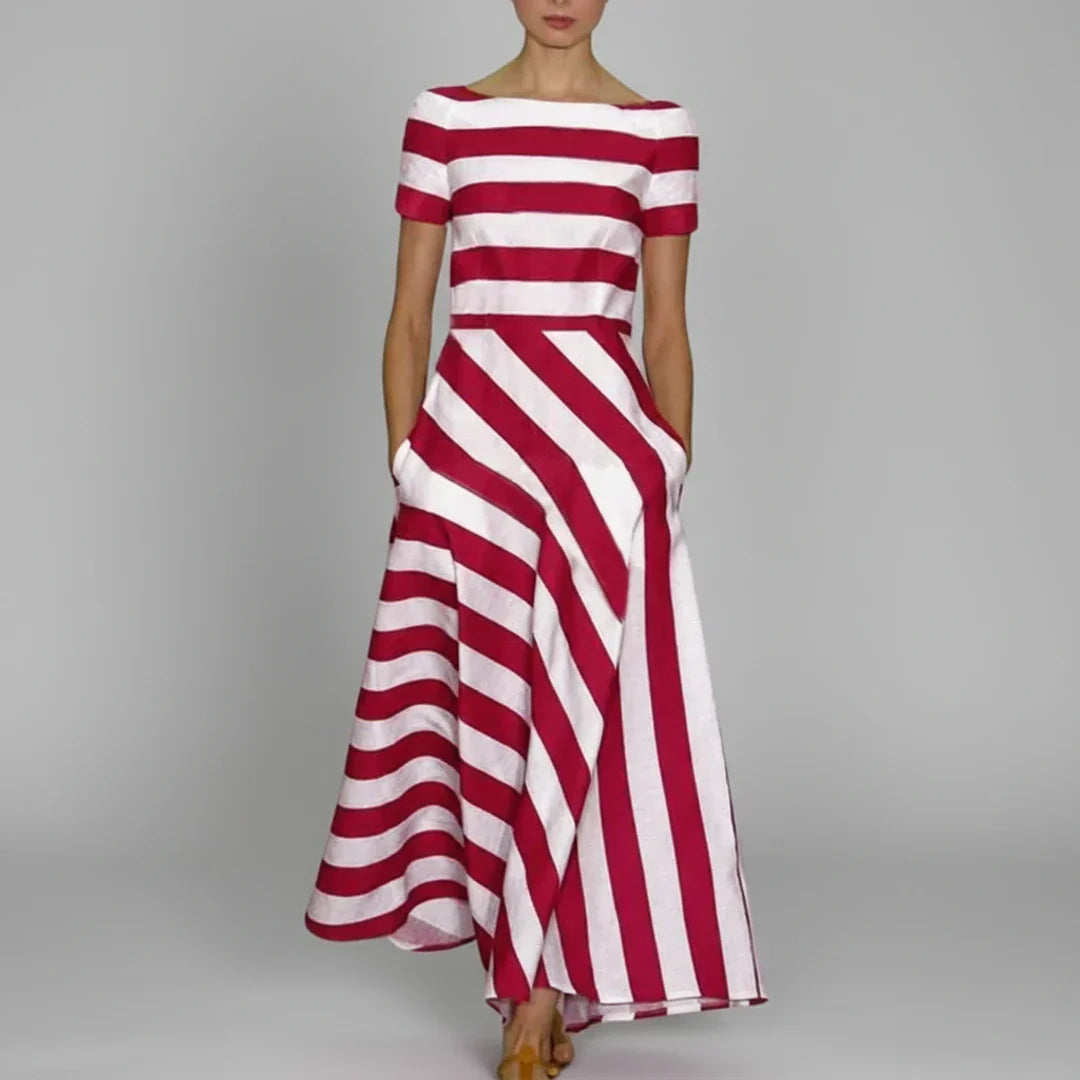 Greta | Women's Striped Maxi Dress Red White Short Sleeve