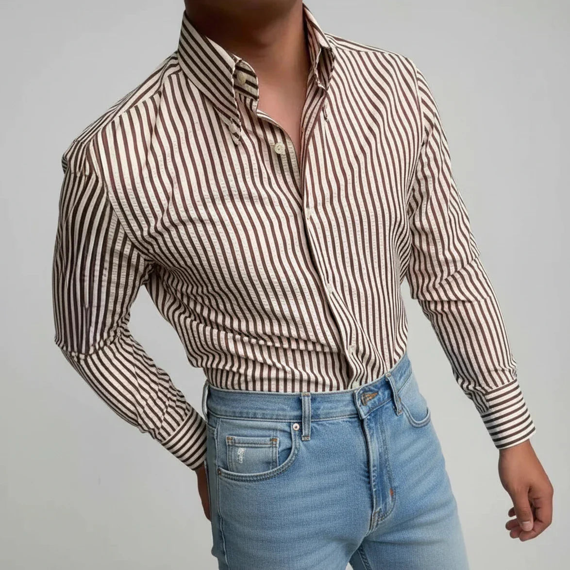 Axel | Men's Striped Button Up Shirt Cream Long Sleeve