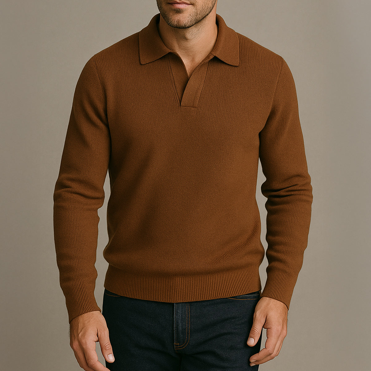 Beau | Men's Ribbed Polo Collar Sweater Gray Long Sleeve