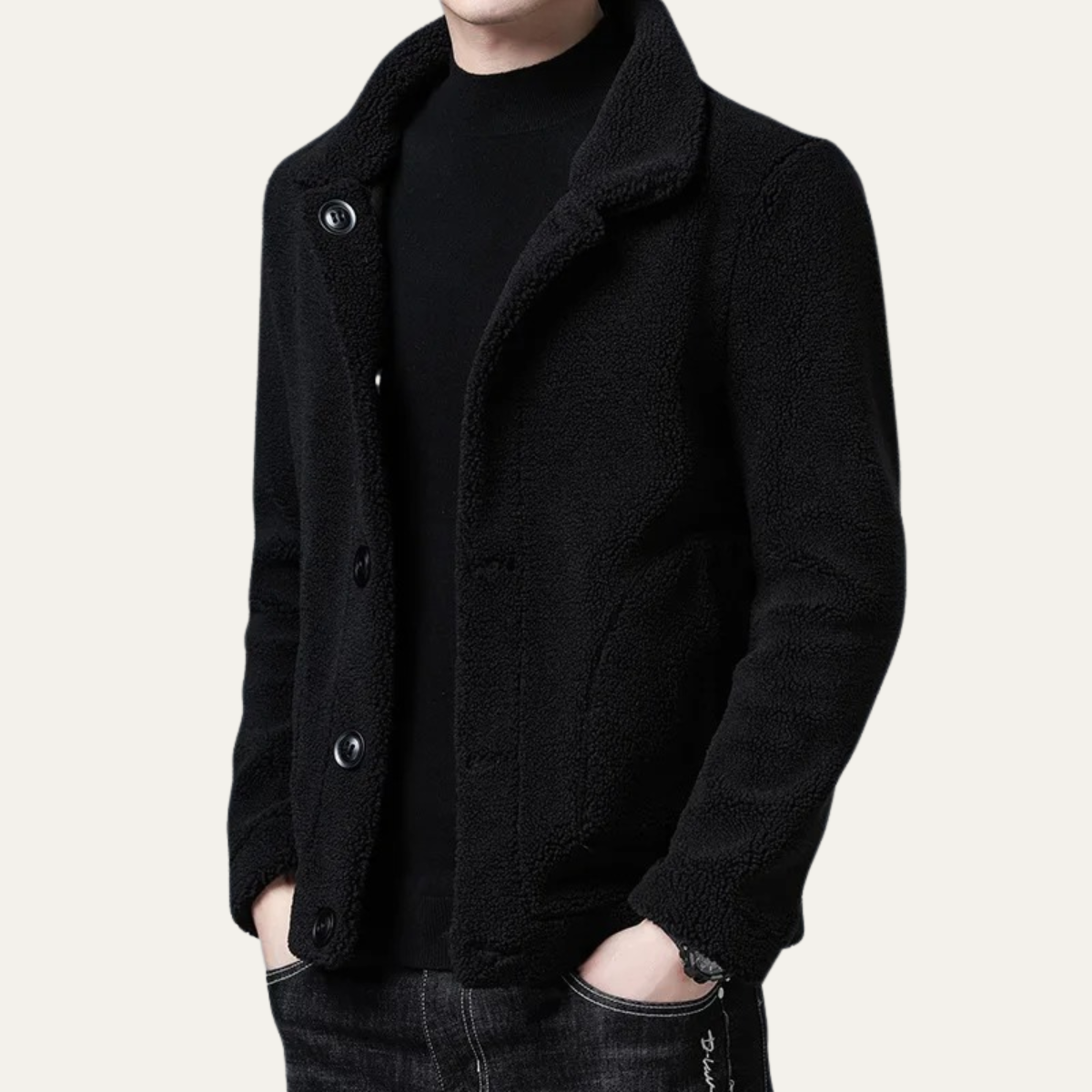 Rhys | Men's Fleece Jacket Black Textured Button Front