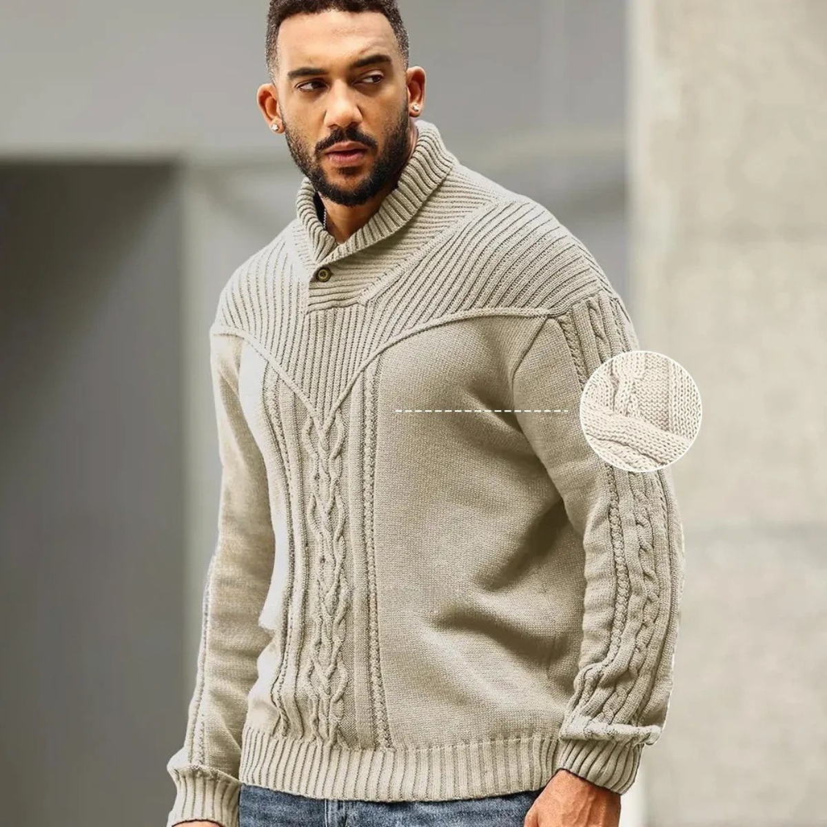 Soren | Men's Cable Knit Turtleneck Sweater Charcoal Button Neck