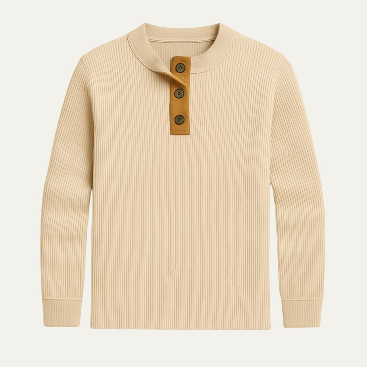 Axel | Men's Ribbed Crew Neck Sweater Cream Henley Button Placket