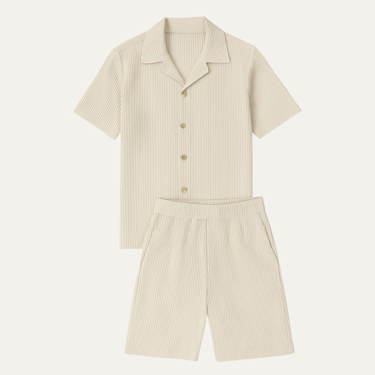 Elise | Men's Ribbed Shorts Set Cream Button Up