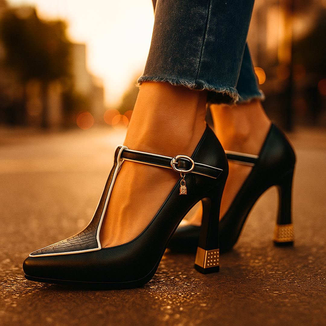 Opal | Women's T Strap Pump Black Studded Heel