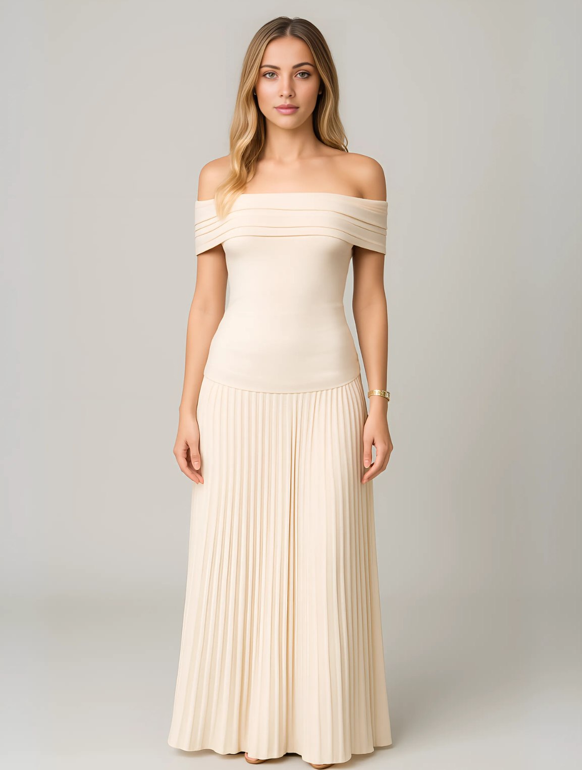 Opal | Women's Off Shoulder Pleated Maxi Dress Cream