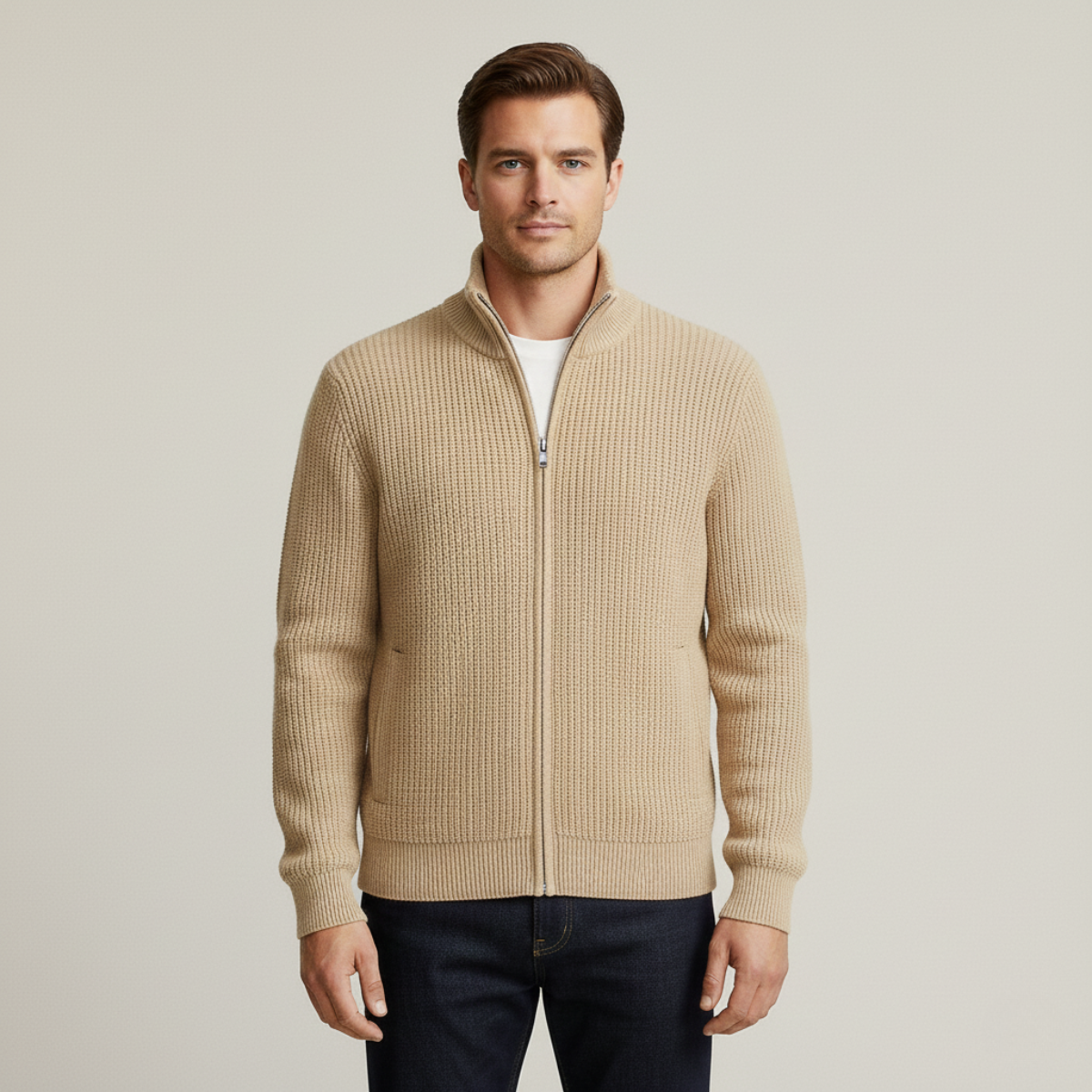 Lars | Men's Quarter Zip Cardigan Cream Ribbed Knit