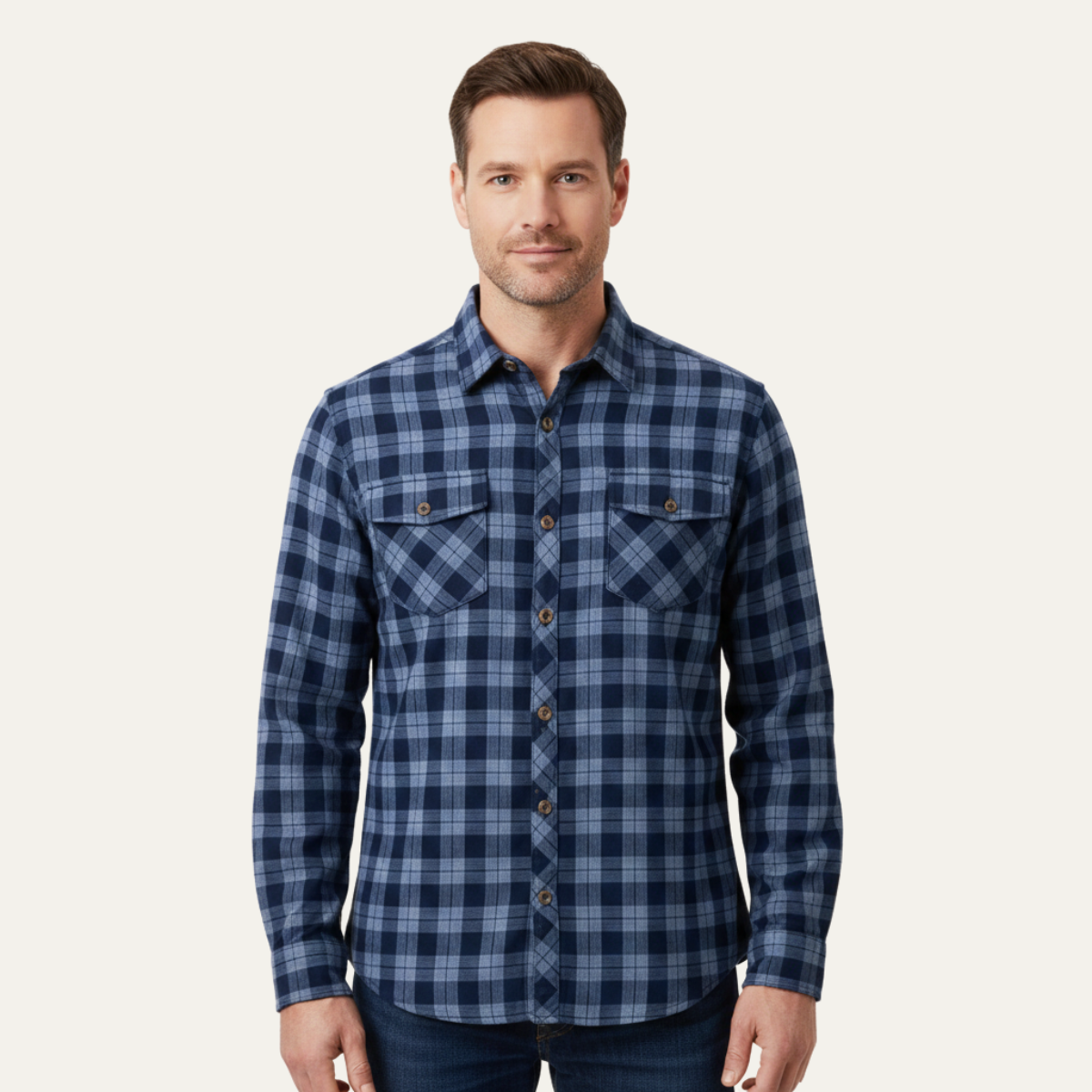 Axel | Men's Plaid Flannel Shirt Navy Blue Chest Pockets