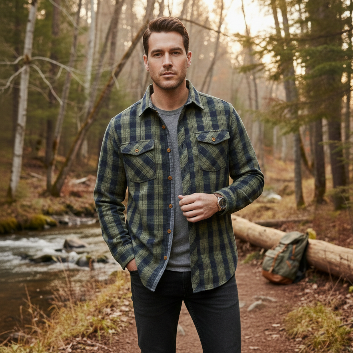 Kai | Men's Flannel Shirt Navy Cream Plaid Long Sleeve