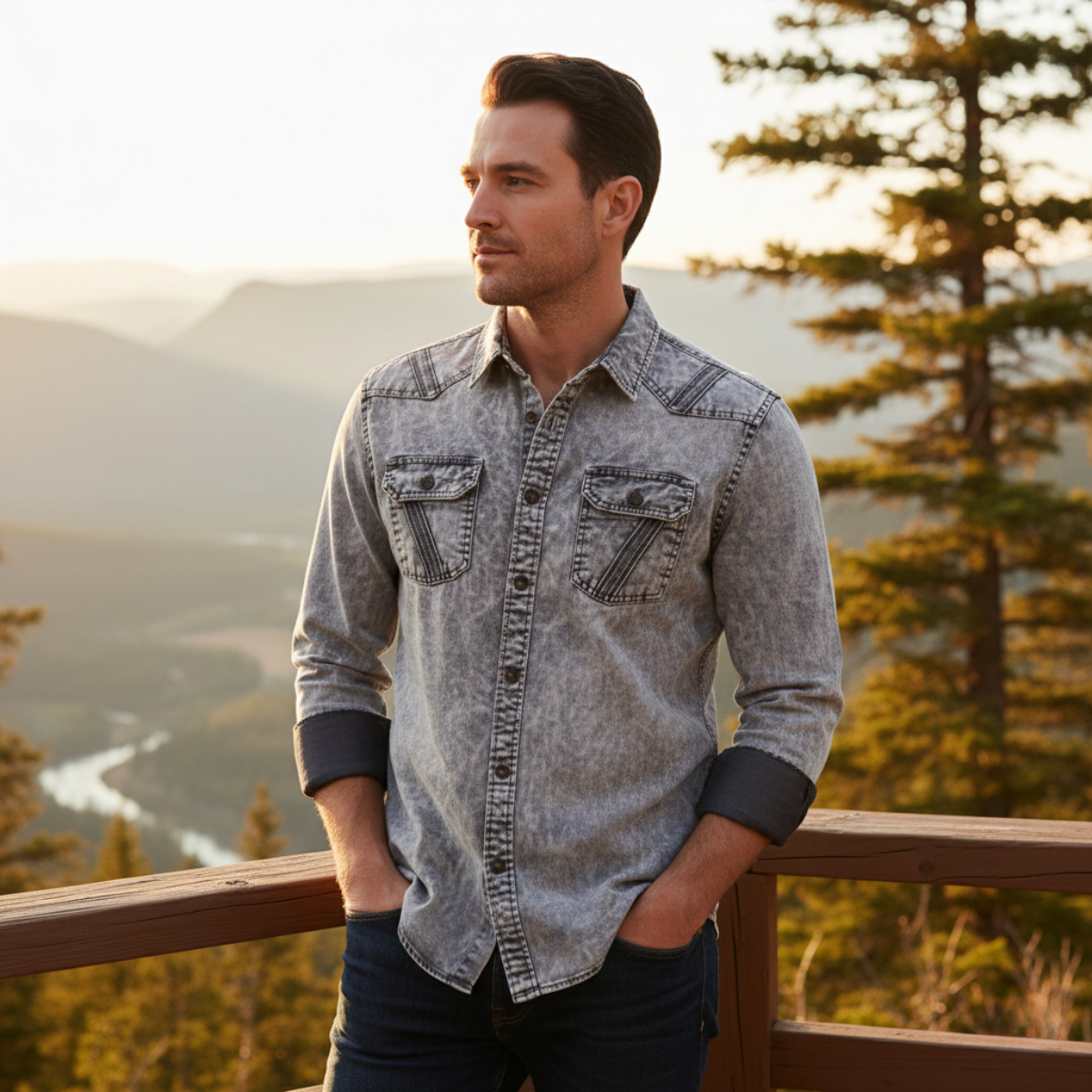 Callum | Men's Vintage Acid Wash Denim Shirt Gray