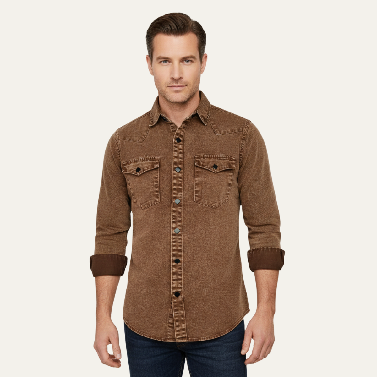 Bram | Men's Denim Shirt Brown Long Sleeve Vintage Wash