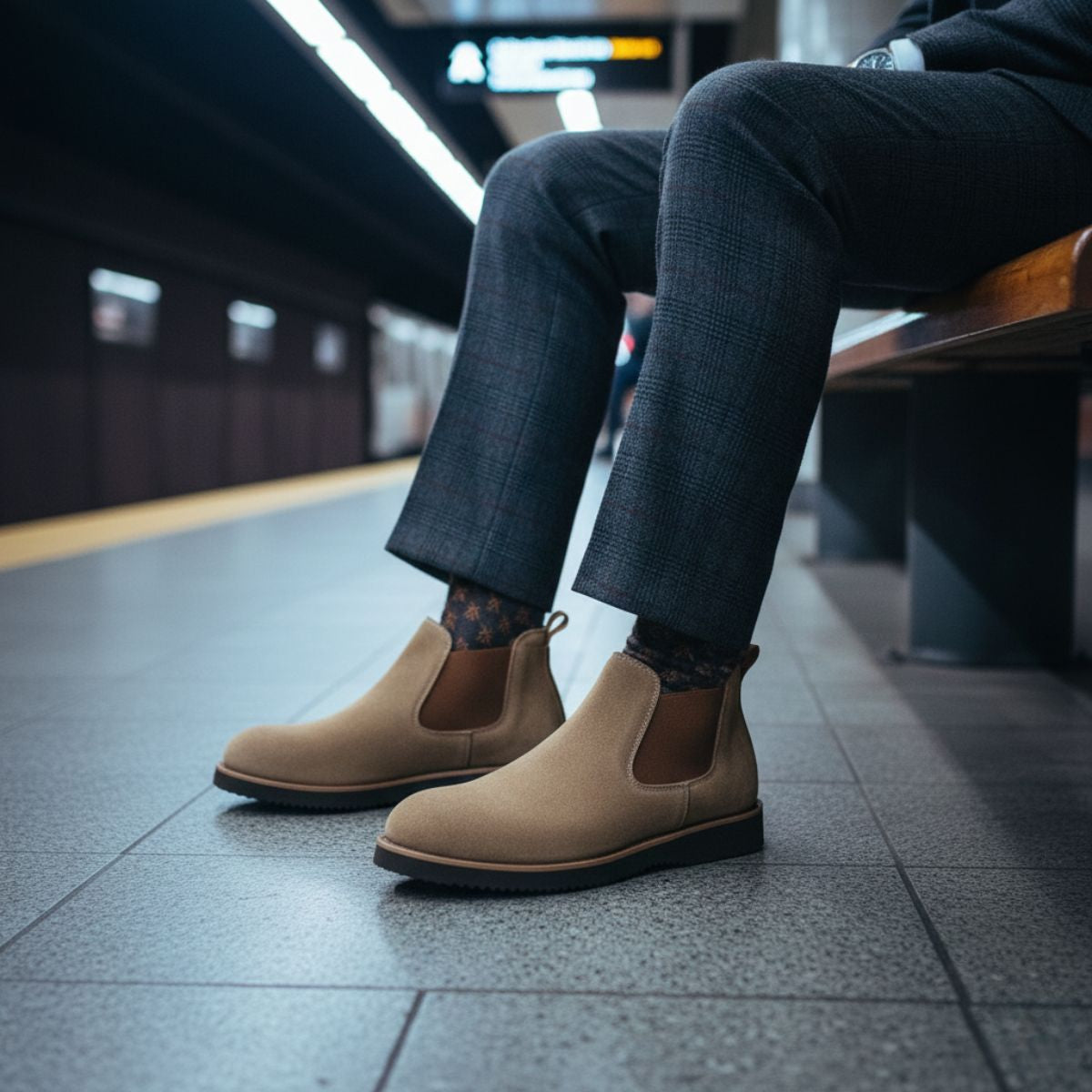Axel | Men's Suede Chelsea Boots Cream Black Sole