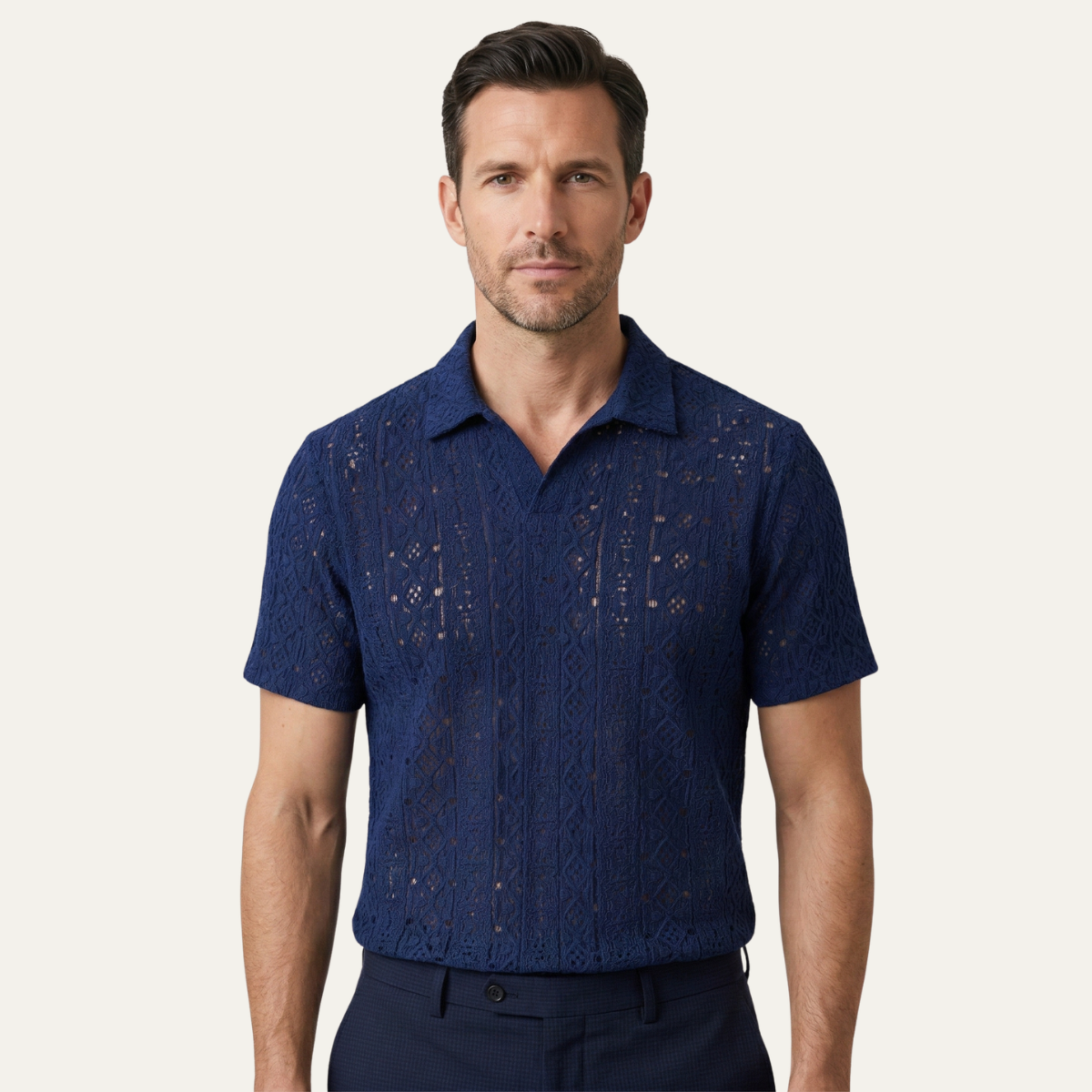 Luca | Men's Crochet Knit Polo Shirt Navy Blue Short Sleeve