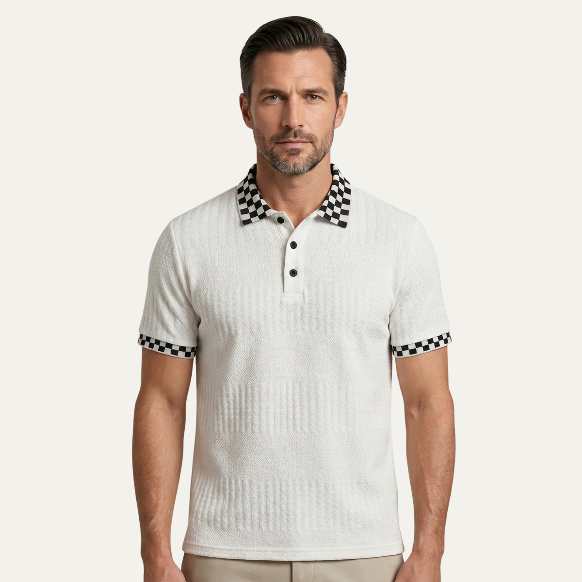 Kai | Men's Textured Knit Polo Shirt Cream Checkered Collar