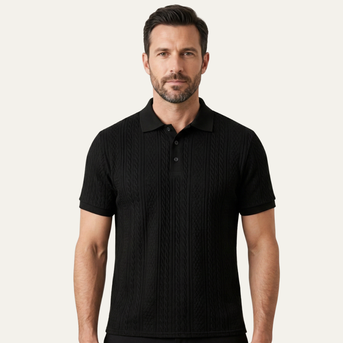 Beau | Men's Cable Knit Polo Shirt Black Short Sleeve