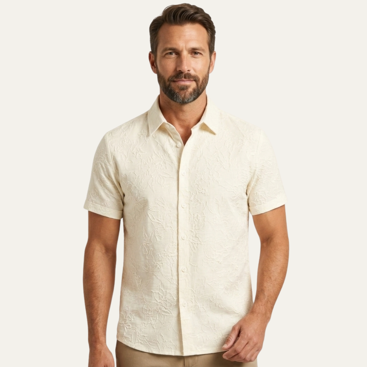 Nash | Men's Textured Button Up Shirt Cream Short Sleeve