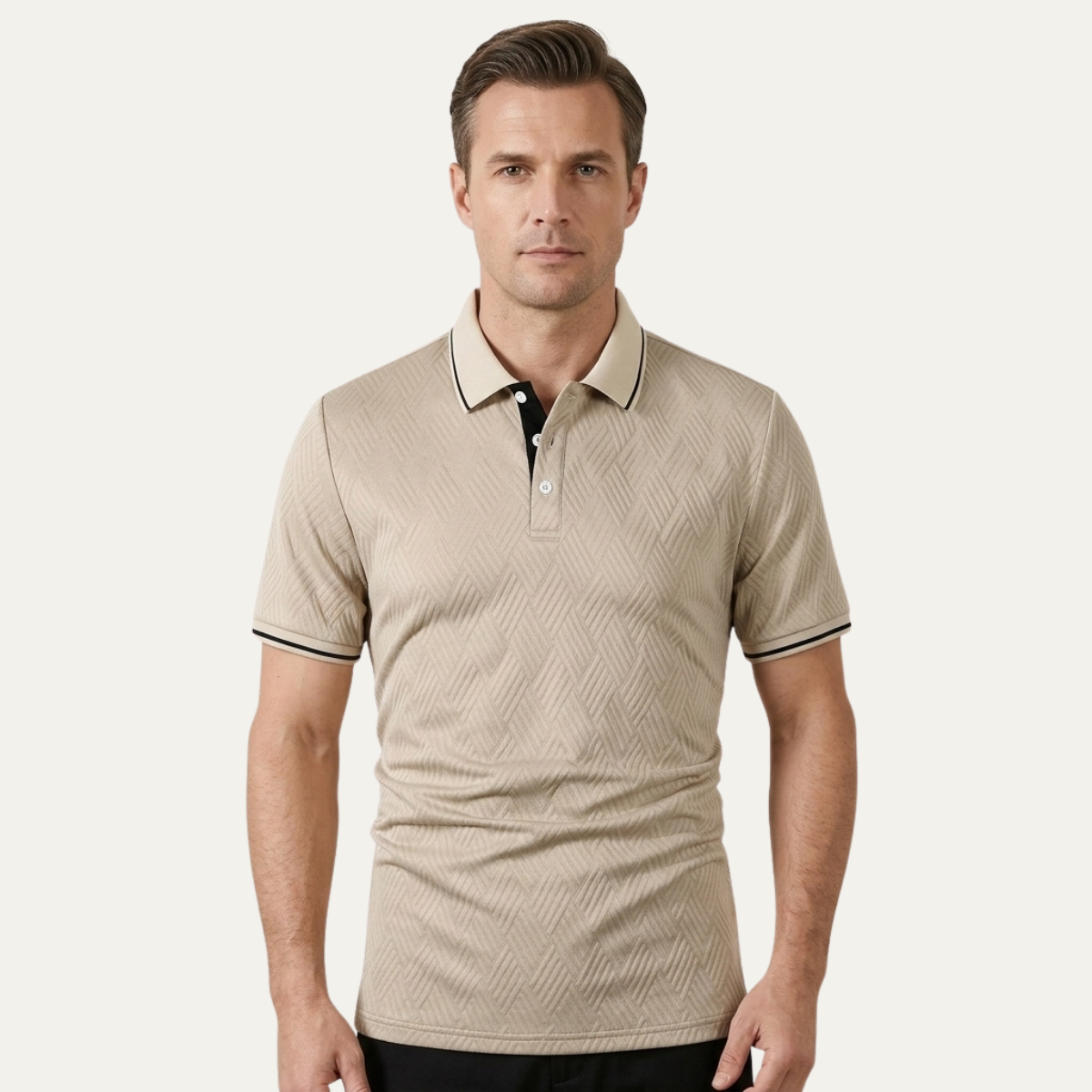 Beau | Men's Polo Shirt Cream Textured Short Sleeve