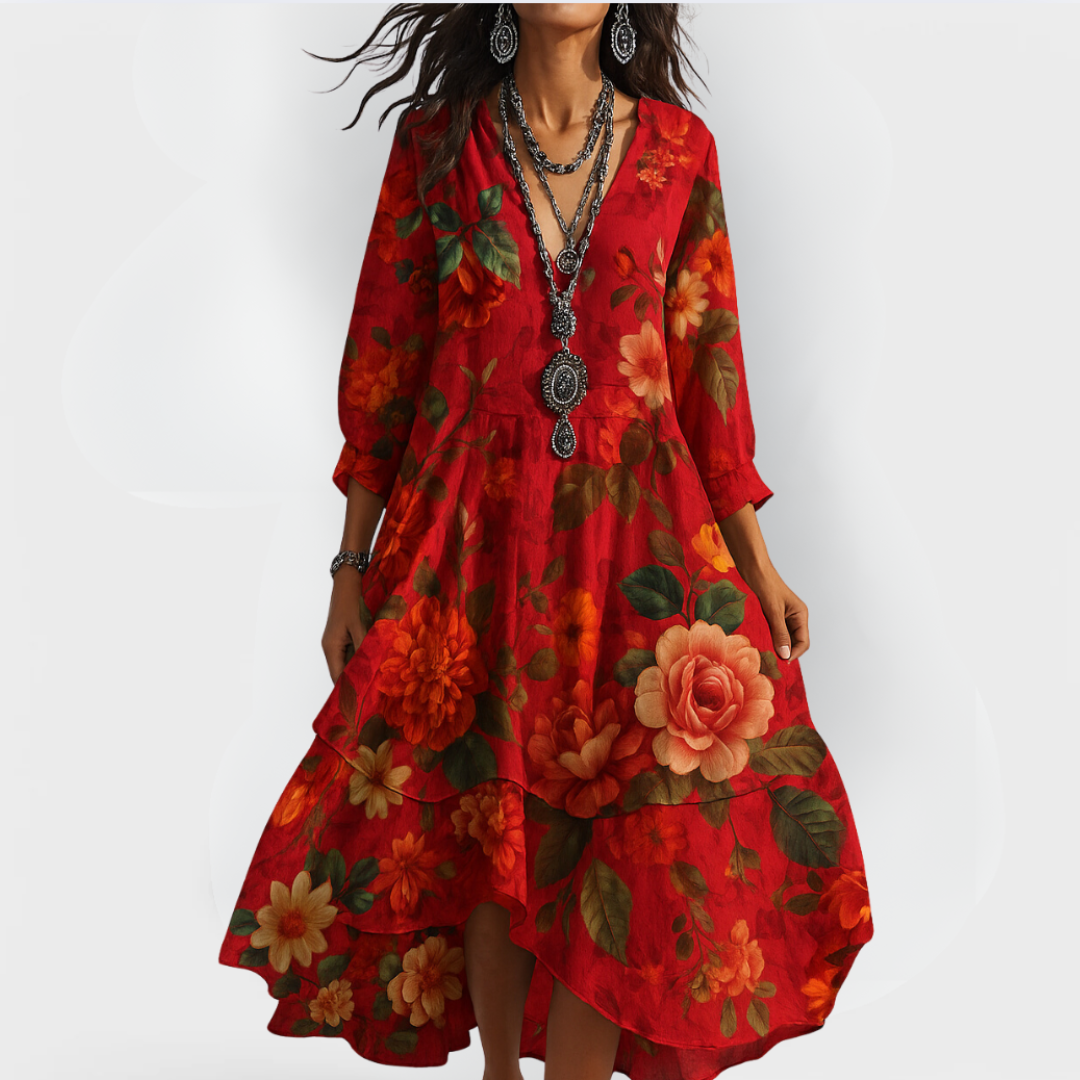Cleo | Women's Floral Midi Dress V Neck Long Sleeve Cream