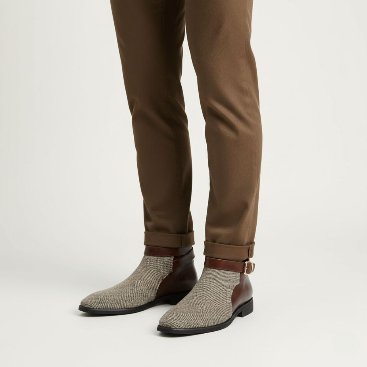 Voss | Men's Chelsea Boots Gray Tweed Brown Leather Buckle