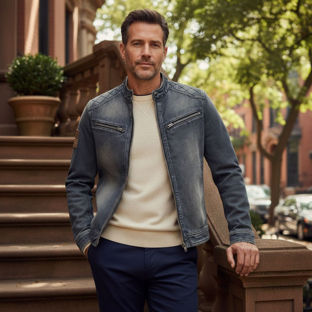Axel | Men's Slim Fit Denim Jacket Gray Quilted Shoulder Zip Collar