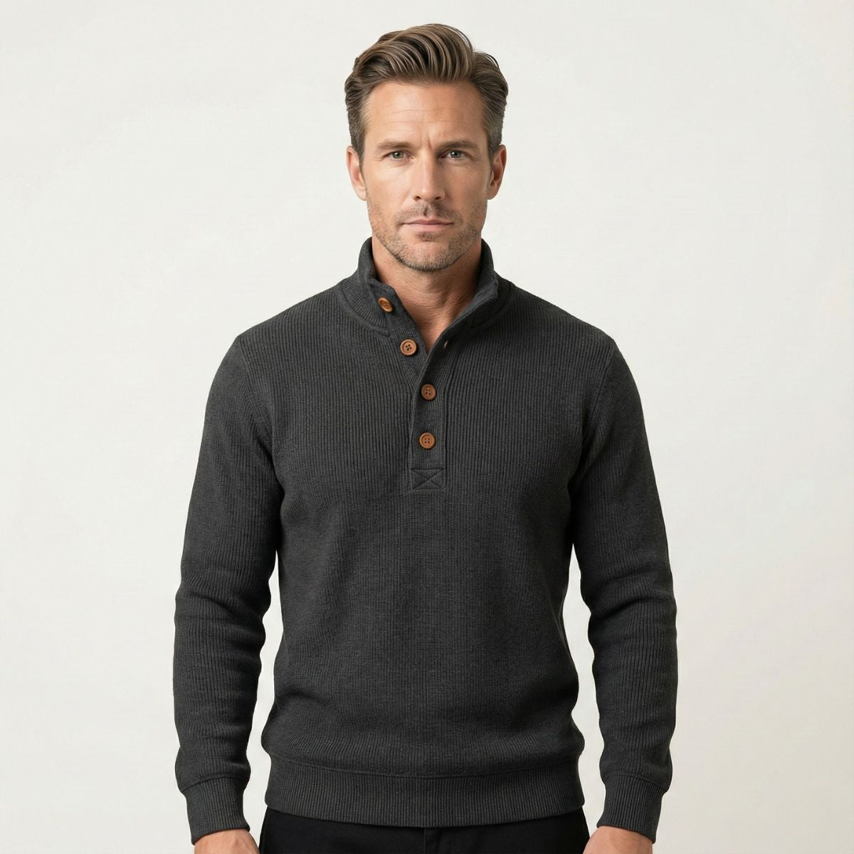 Ash | Men's Button Mock Neck Sweater Charcoal