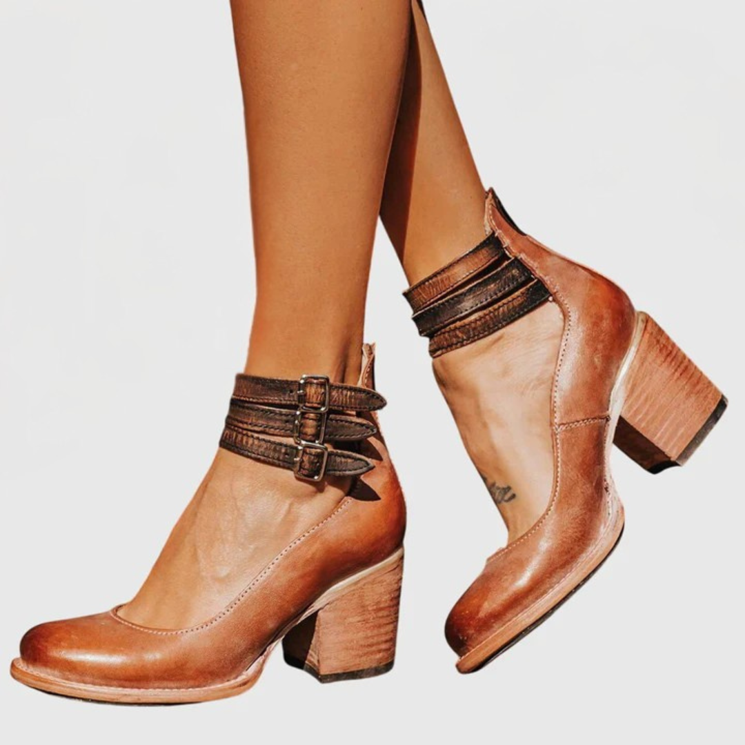 Rue | Women's Leather Block Heel Bootie Brown Buckle Strap