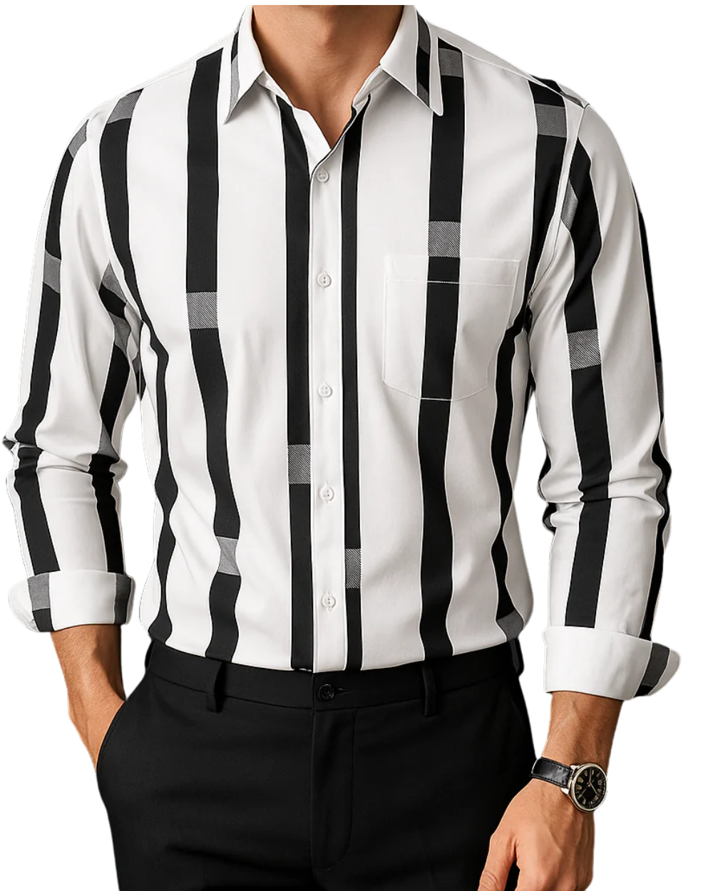 Axel | Men's Striped Button Up Shirt White Black
