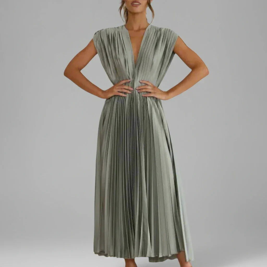 Faye | Women's Pleated Midi Dress Cream V Neck Short Sleeve