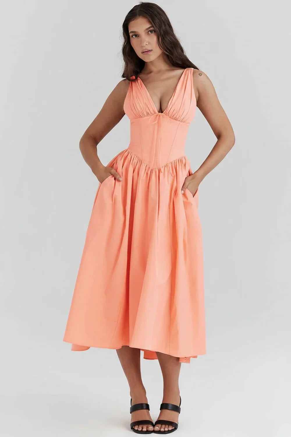 Demi | Women's Floral A Line Midi Dress V Neck Cream