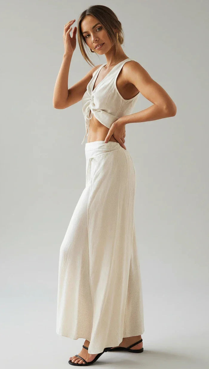 Maren | Women's Tie Front Crop Top Cream V Neck