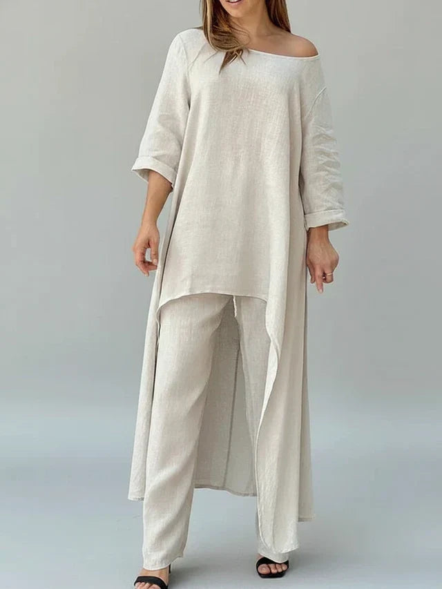Vera | Women's Linen Maxi Dress Gray Off Shoulder