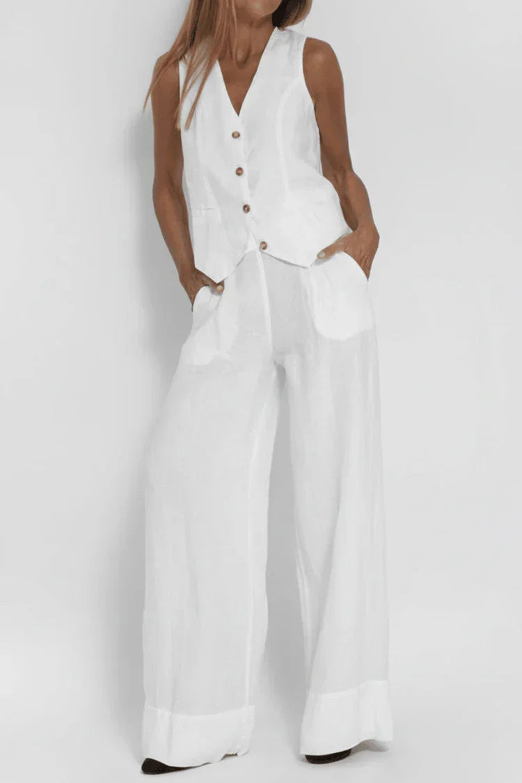 Margot | Women's Wide Leg Linen Pants Cream Button Front Vest Set