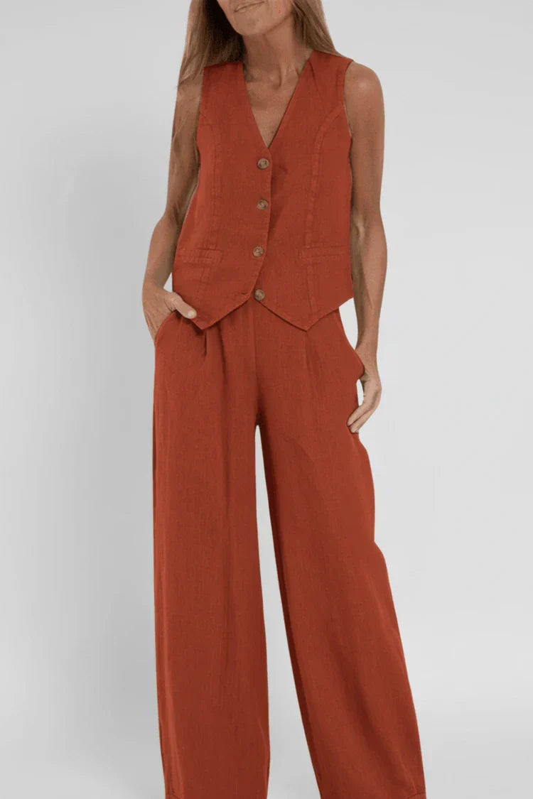 Margot | Women's Wide Leg Linen Pants Cream Button Front Vest Set