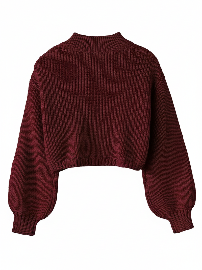 Aria | Women's Cropped Crew Neck Sweater Burgundy Ribbed