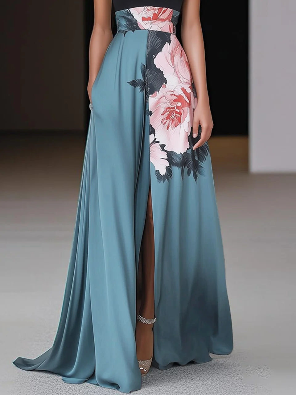 Ada | Women's Halter Maxi Dress Black Floral Light Blue