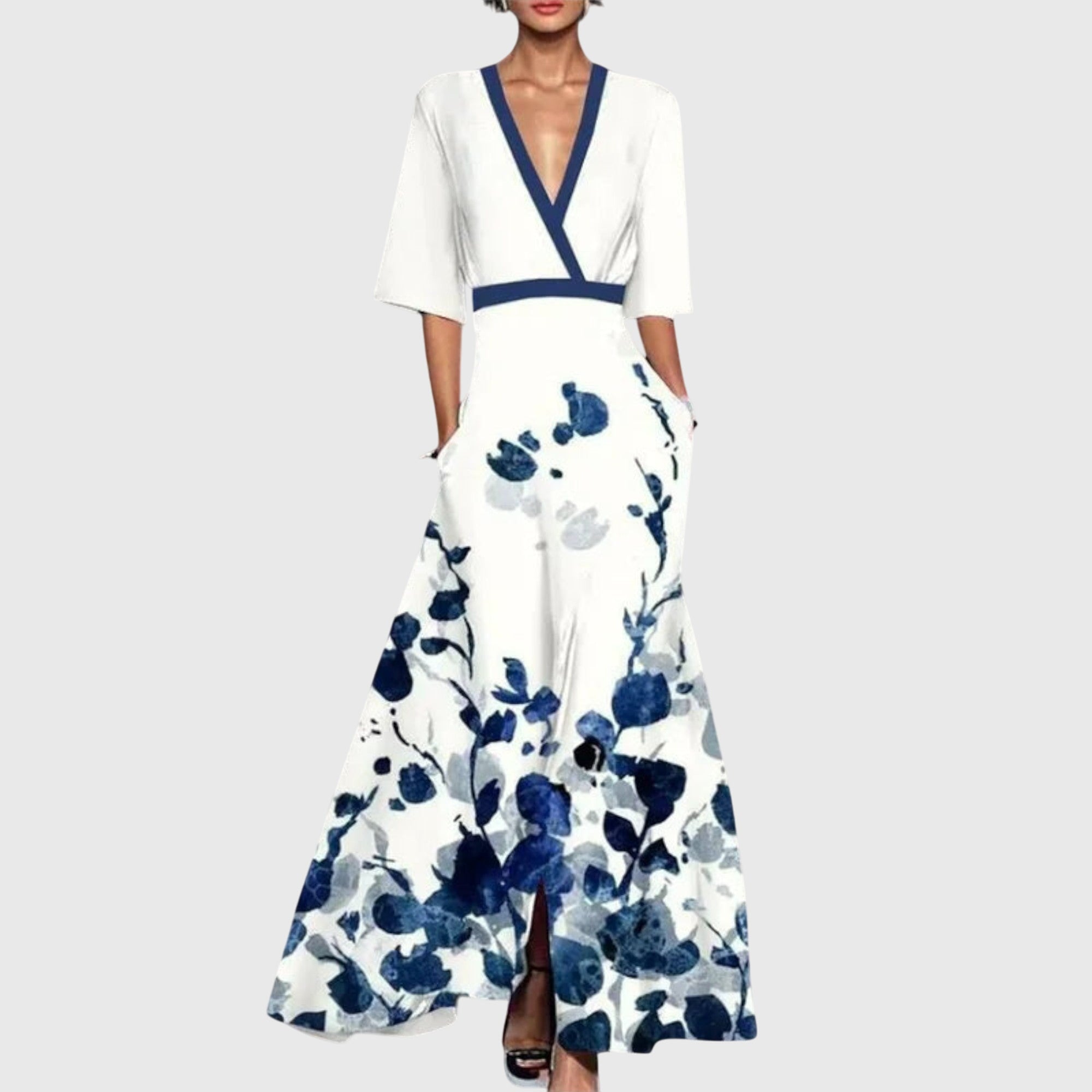 Mia | Women's Floral Maxi Dress Red Blue Three Quarter Sleeve
