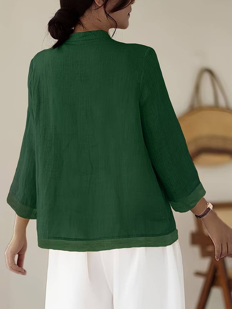 Camille | Women's Linen Shirt Green Mandarin Collar Button Up