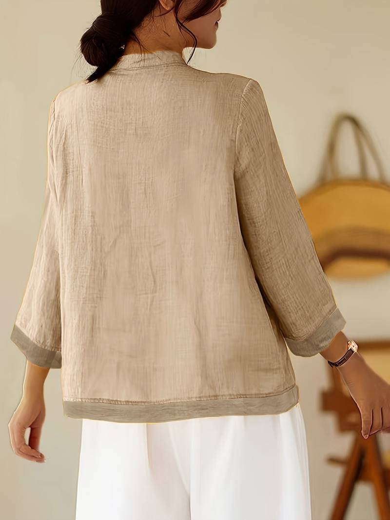 Camille | Women's Linen Shirt Green Mandarin Collar Button Up