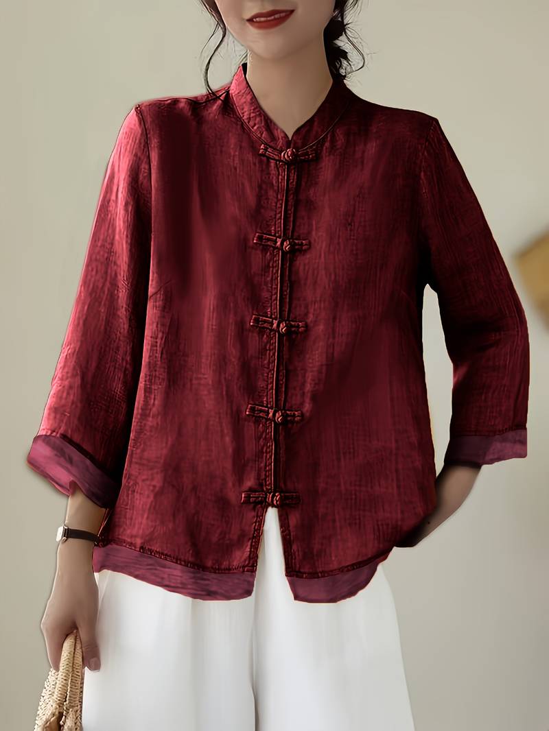 Camille | Women's Linen Shirt Green Mandarin Collar Button Up