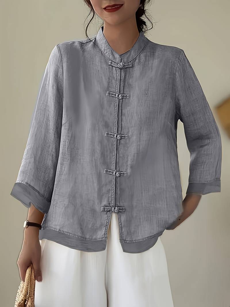 Camille | Women's Linen Shirt Green Mandarin Collar Button Up