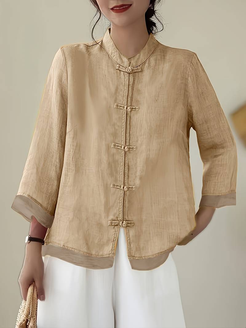 Camille | Women's Linen Shirt Green Mandarin Collar Button Up