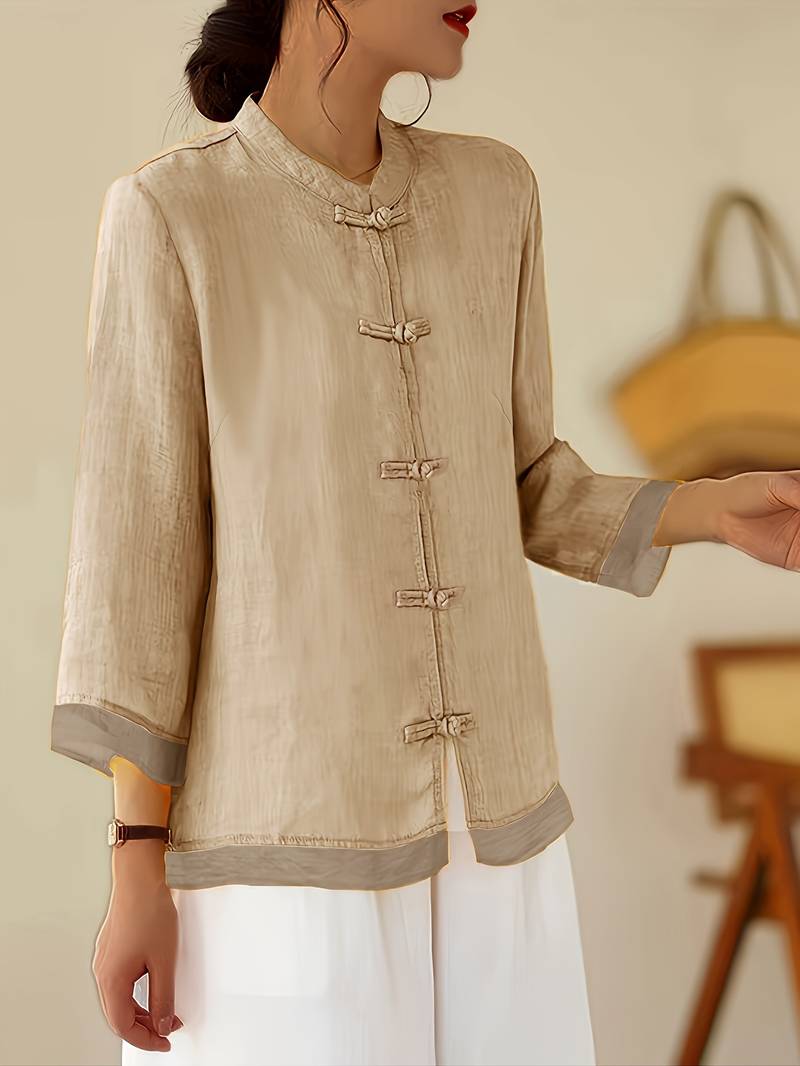 Camille | Women's Linen Shirt Green Mandarin Collar Button Up