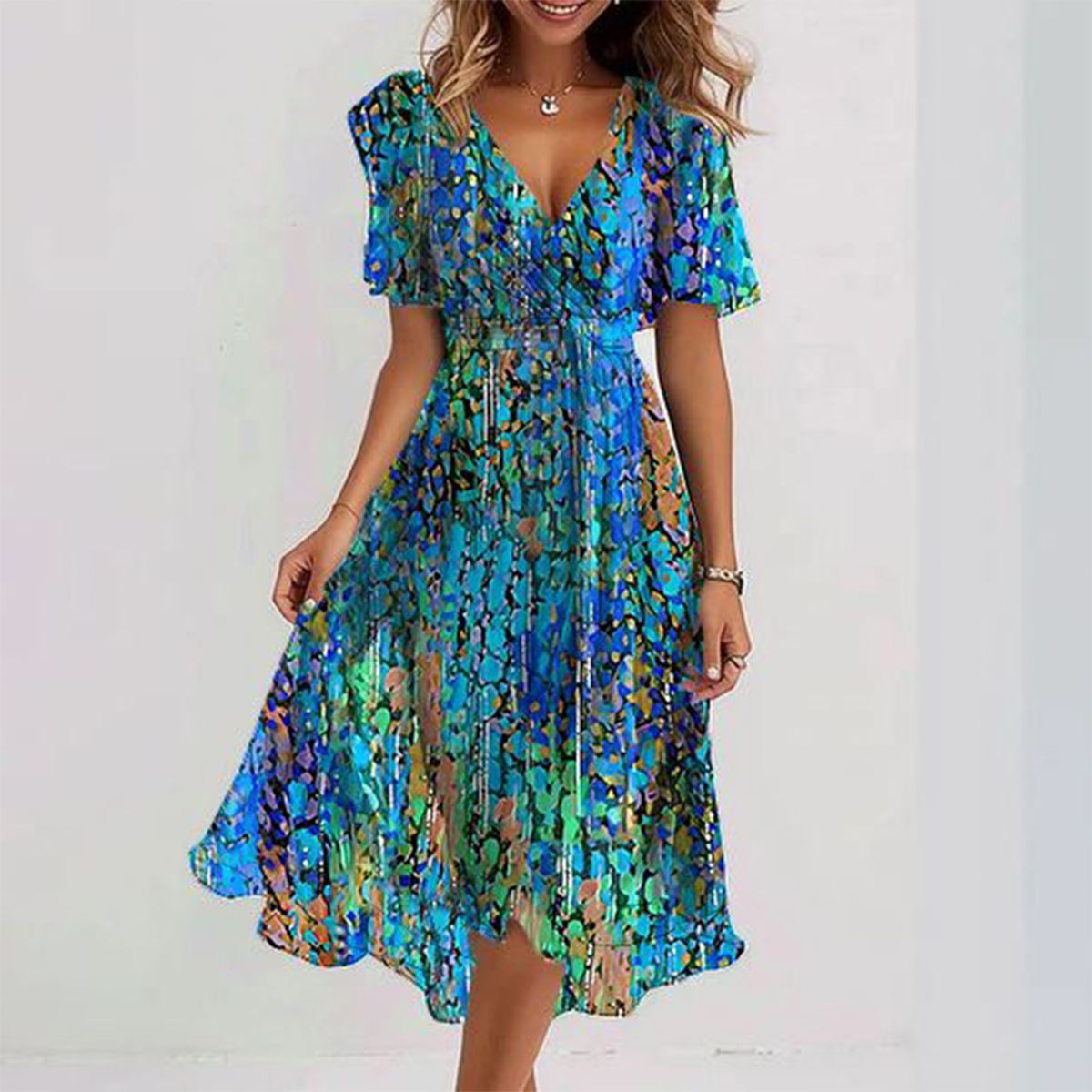 Cleo | Women's Floral Midi Dress Blue V Neck Short Sleeve