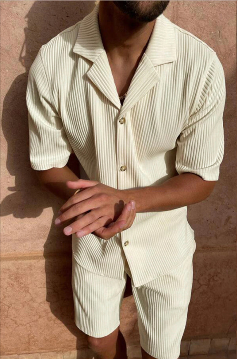 Cole | Men's Lounge Set Cream Ribbed Short Sleeve